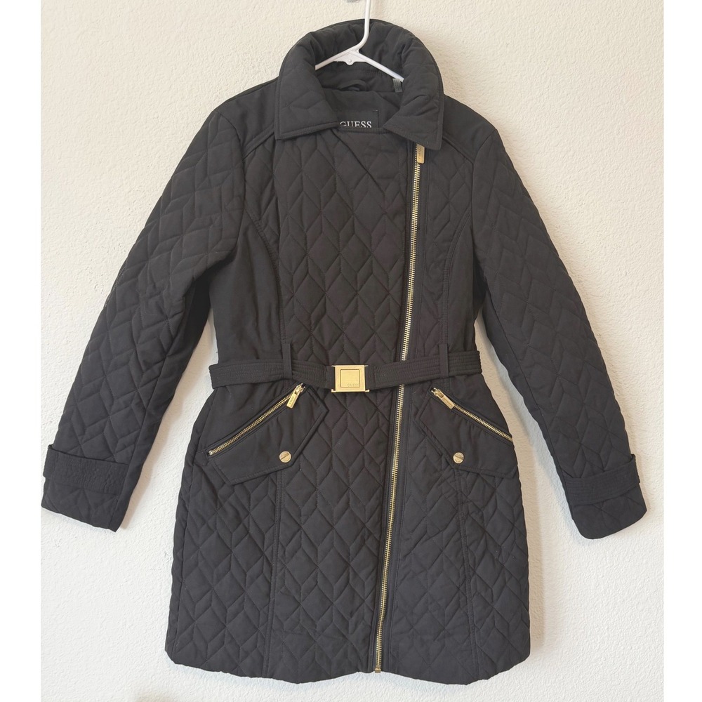 Guess Quilted Puffer Coat Medium Black Moto Asymmetrical Zip Belted‎ Chic Winter